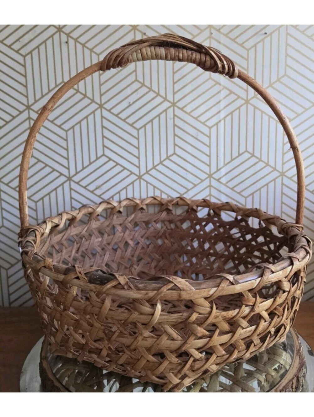 Vintage Woven Bamboo Splint and Wicker Gathering Basket Lg Arched Handle 15"